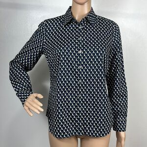 Talbots Cotton Navy Blue Dog Print Long Sleeve Button Down Shirt Size 6P